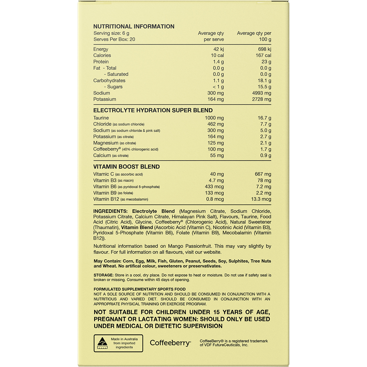 Back of the Switch Nutrition Hydrate Electrolytes 20-pack box showing nutritional information and ingredients.