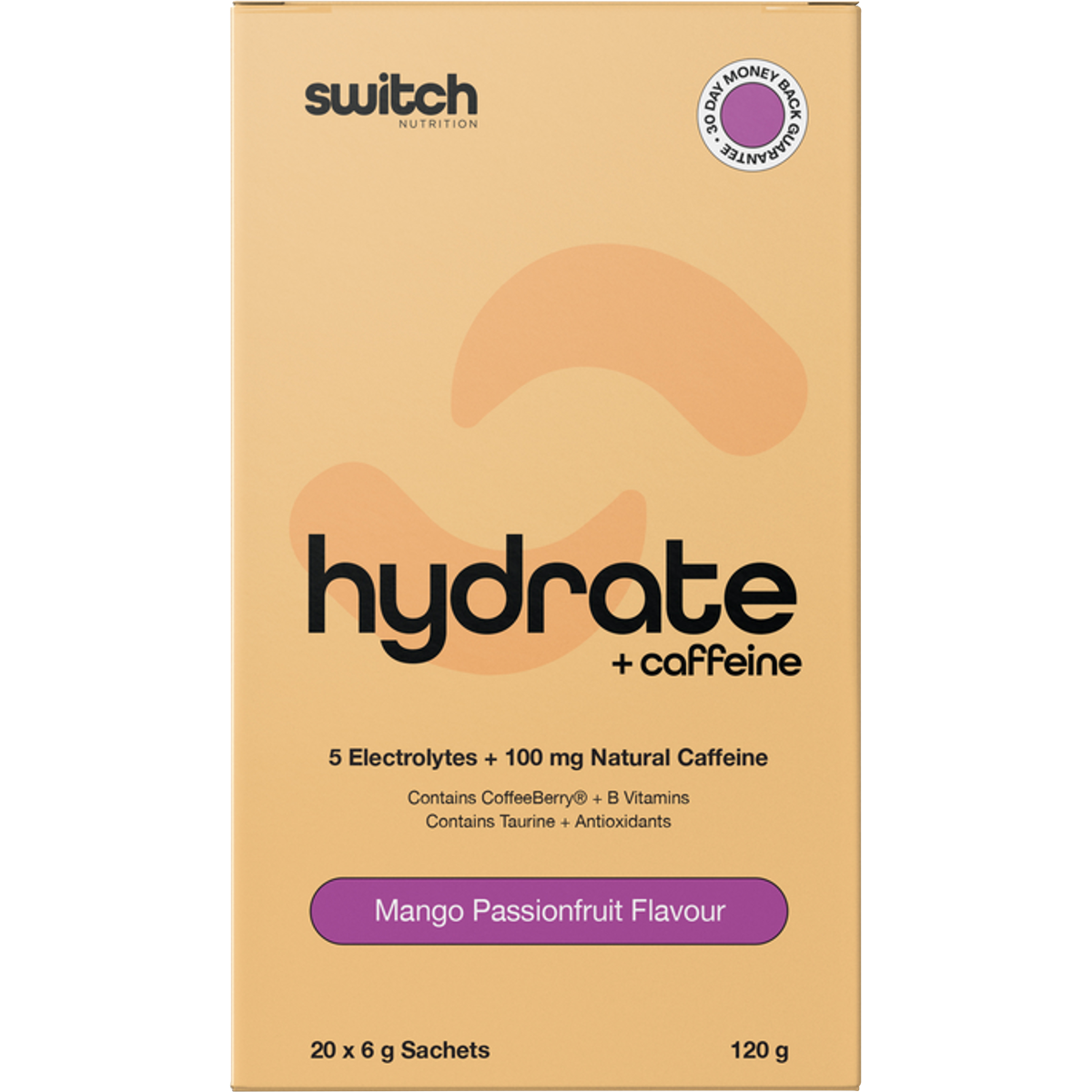 Mango Passionfruit Hydrate + Caffeine single sachet with tropical fruit and caffeine-inspired illustrations.