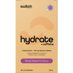 Mango Passionfruit Hydrate + Caffeine single sachet with tropical fruit and caffeine-inspired illustrations.