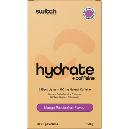 Mango Passionfruit Hydrate + Caffeine single sachet with tropical fruit and caffeine-inspired illustrations.