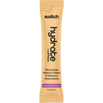 Side view of a Switch Nutrition Mango Passionfruit Hydrate + Caffeine box showing product features and a logo.