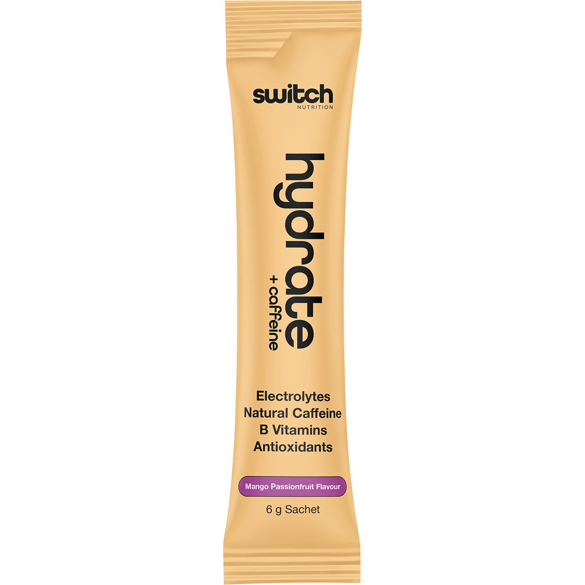 Side view of a Switch Nutrition Mango Passionfruit Hydrate + Caffeine box showing product features and a logo.