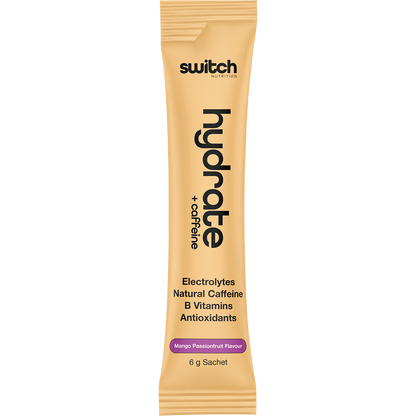 Side view of a Switch Nutrition Mango Passionfruit Hydrate + Caffeine box showing product features and a logo.