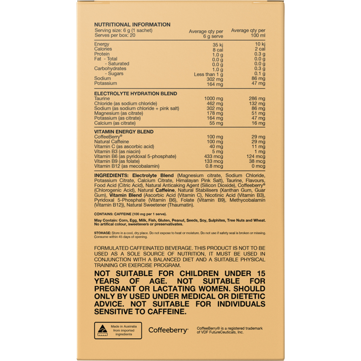 Back of Switch Nutrition Hydrate + Caffeine Mango Passionfruit box with nutrition facts and ingredients.