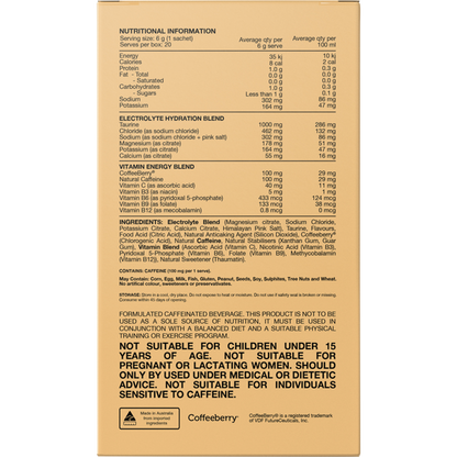 Back of Switch Nutrition Hydrate + Caffeine Mango Passionfruit box with nutrition facts and ingredients.