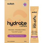 Switch Nutrition Hydrate + Caffeine Mango Passionfruit box with a single sachet and tropical fruit illustrations.