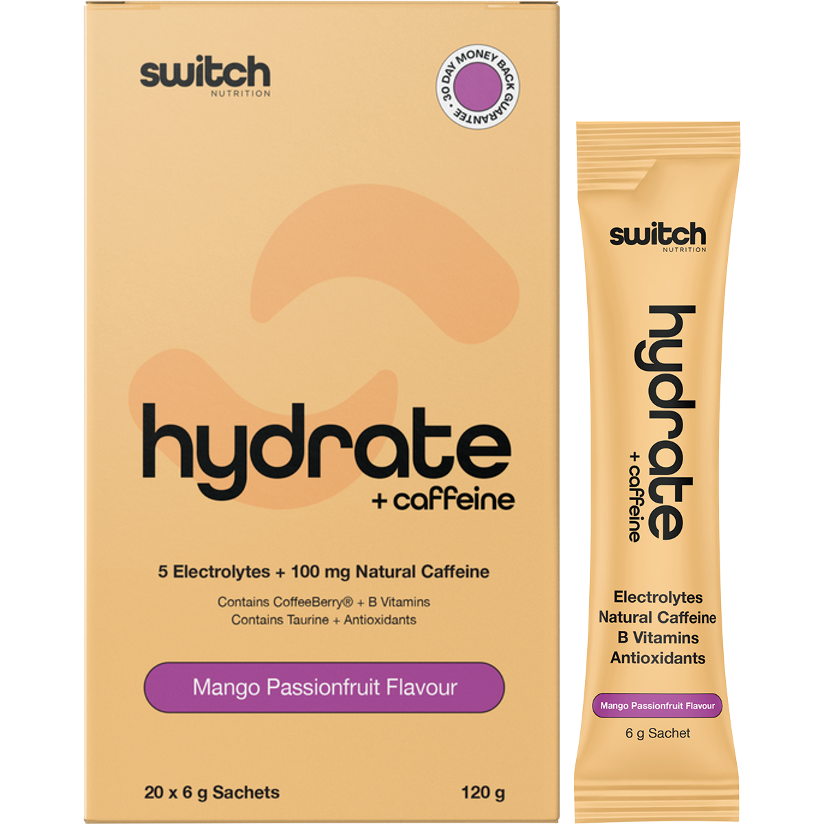 Switch Nutrition Hydrate + Caffeine Mango Passionfruit box with a single sachet and tropical fruit illustrations.