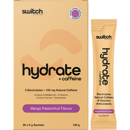 Switch Nutrition Hydrate + Caffeine Mango Passionfruit box with a single sachet and tropical fruit illustrations.