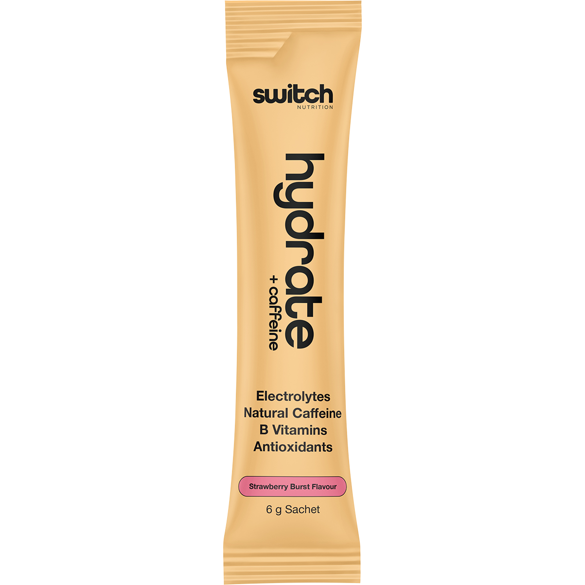 Strawberry Burst Hydrate + Caffeine 6g sachet with 100mg caffeine and electrolytes on a white background.