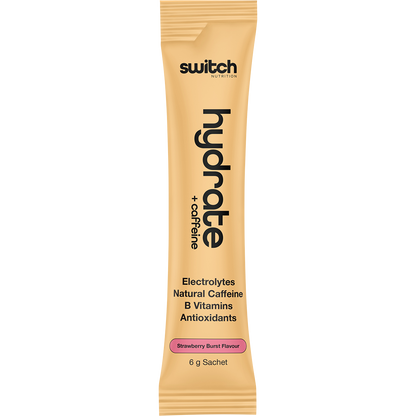 Strawberry Burst Hydrate + Caffeine 6g sachet with 100mg caffeine and electrolytes on a white background.