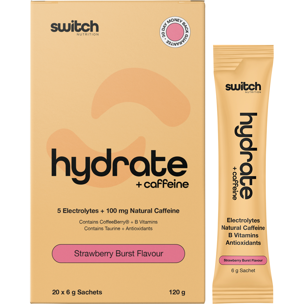 Box and sachet of Switch Nutrition Hydrate + Caffeine Strawberry Burst with electrolytes and 100mg of natural caffeine.