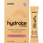 Box and sachet of Switch Nutrition Hydrate + Caffeine Strawberry Burst with electrolytes and 100mg of natural caffeine.