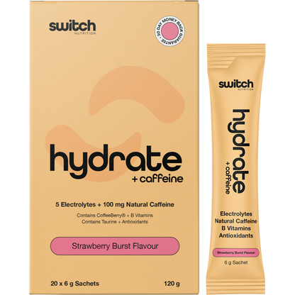 Box and sachet of Switch Nutrition Hydrate + Caffeine Strawberry Burst with electrolytes and 100mg of natural caffeine.