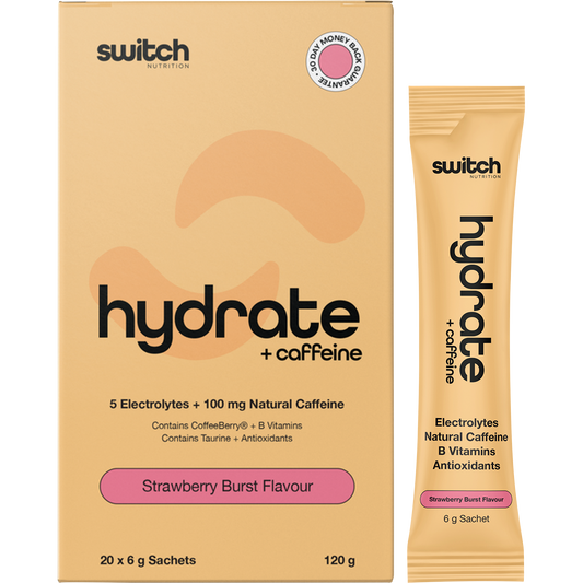 Box and sachet of Switch Nutrition Hydrate + Caffeine Strawberry Burst with electrolytes and 100mg of natural caffeine.