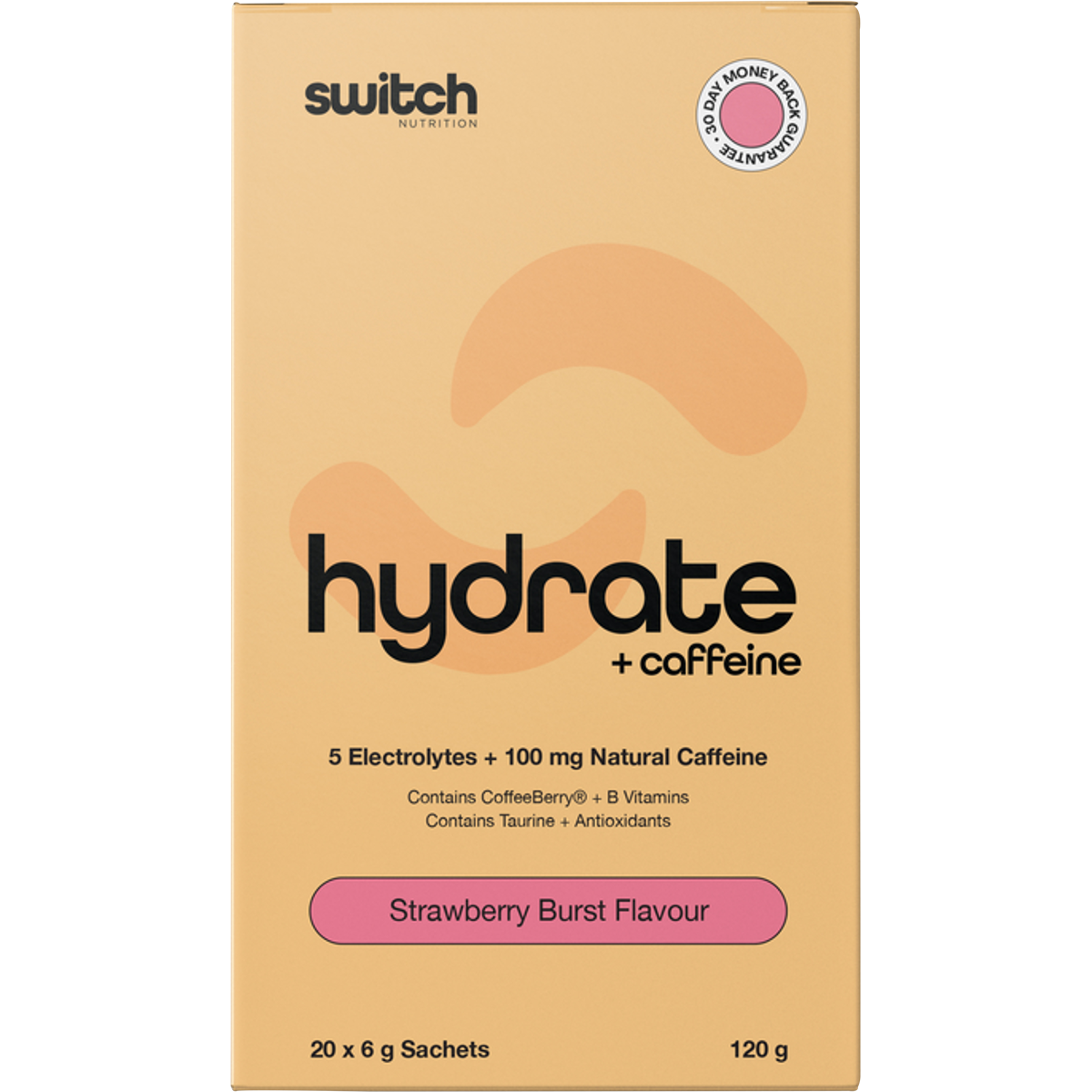 Strawberry Burst Hydrate + Caffeine 20-pack box featuring 100mg natural caffeine and electrolytes on a white background.