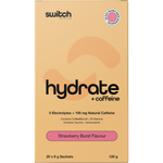 Strawberry Burst Hydrate + Caffeine 20-pack box featuring 100mg natural caffeine and electrolytes on a white background.
