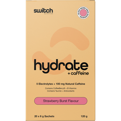 Strawberry Burst Hydrate + Caffeine 20-pack box featuring 100mg natural caffeine and electrolytes on a white background.