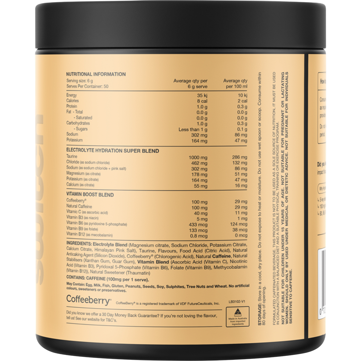 Back of 300g Switch Nutrition Hydrate + Caffeine Mango Passionfruit tub showing nutritional panel and ingredients.