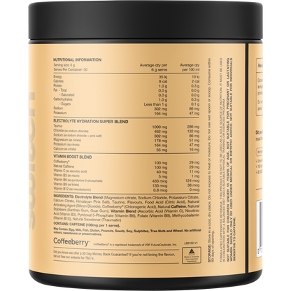 Back of 300g Switch Nutrition Hydrate + Caffeine Mango Passionfruit tub showing nutritional panel and ingredients.