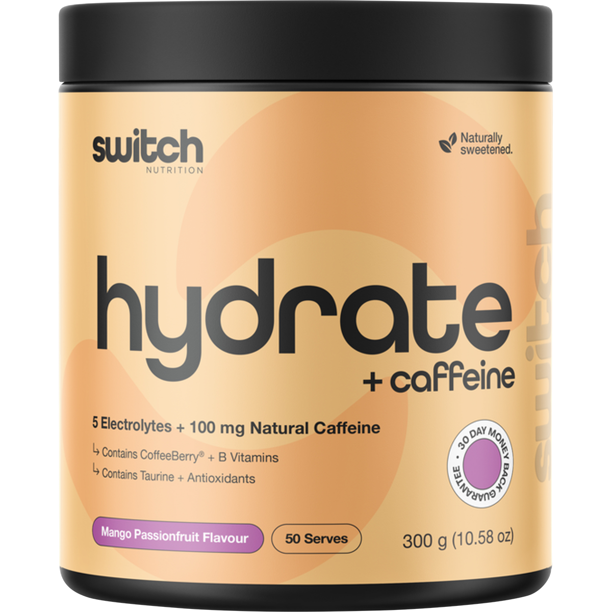 300g tub of Switch Nutrition Hydrate + Caffeine Mango Passionfruit electrolyte and hydration powder.