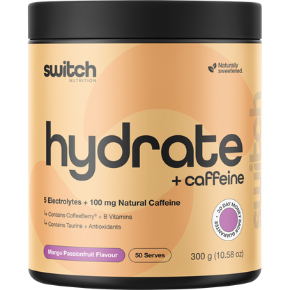 300g tub of Switch Nutrition Hydrate + Caffeine Mango Passionfruit electrolyte and hydration powder.