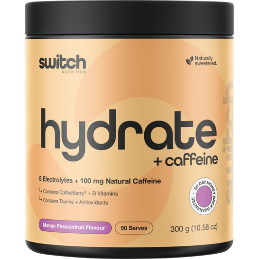 300g tub of Switch Nutrition Hydrate + Caffeine Mango Passionfruit electrolyte and hydration powder.