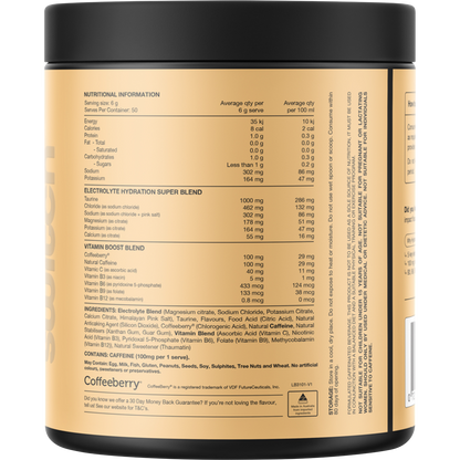 Back view of Switch Nutrition Hydrate + Caffeine Strawberry Burst 300g tub showing nutritional information.