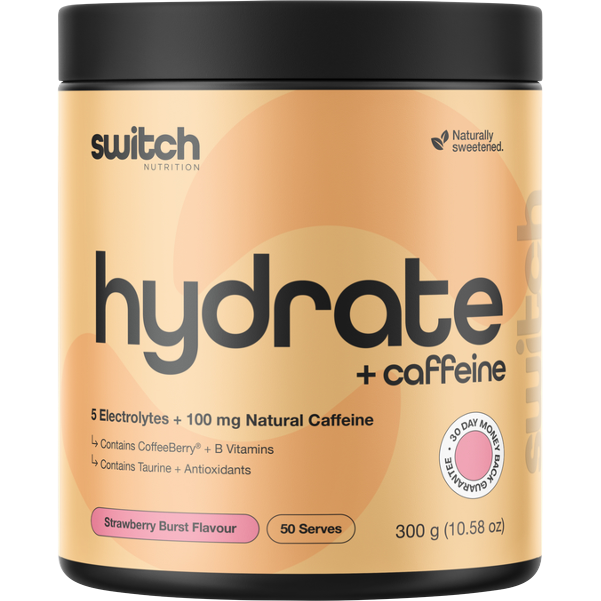 300g tub of Switch Nutrition Hydrate + Caffeine in Strawberry Burst flavour.