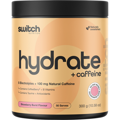 300g tub of Switch Nutrition Hydrate + Caffeine in Strawberry Burst flavour.