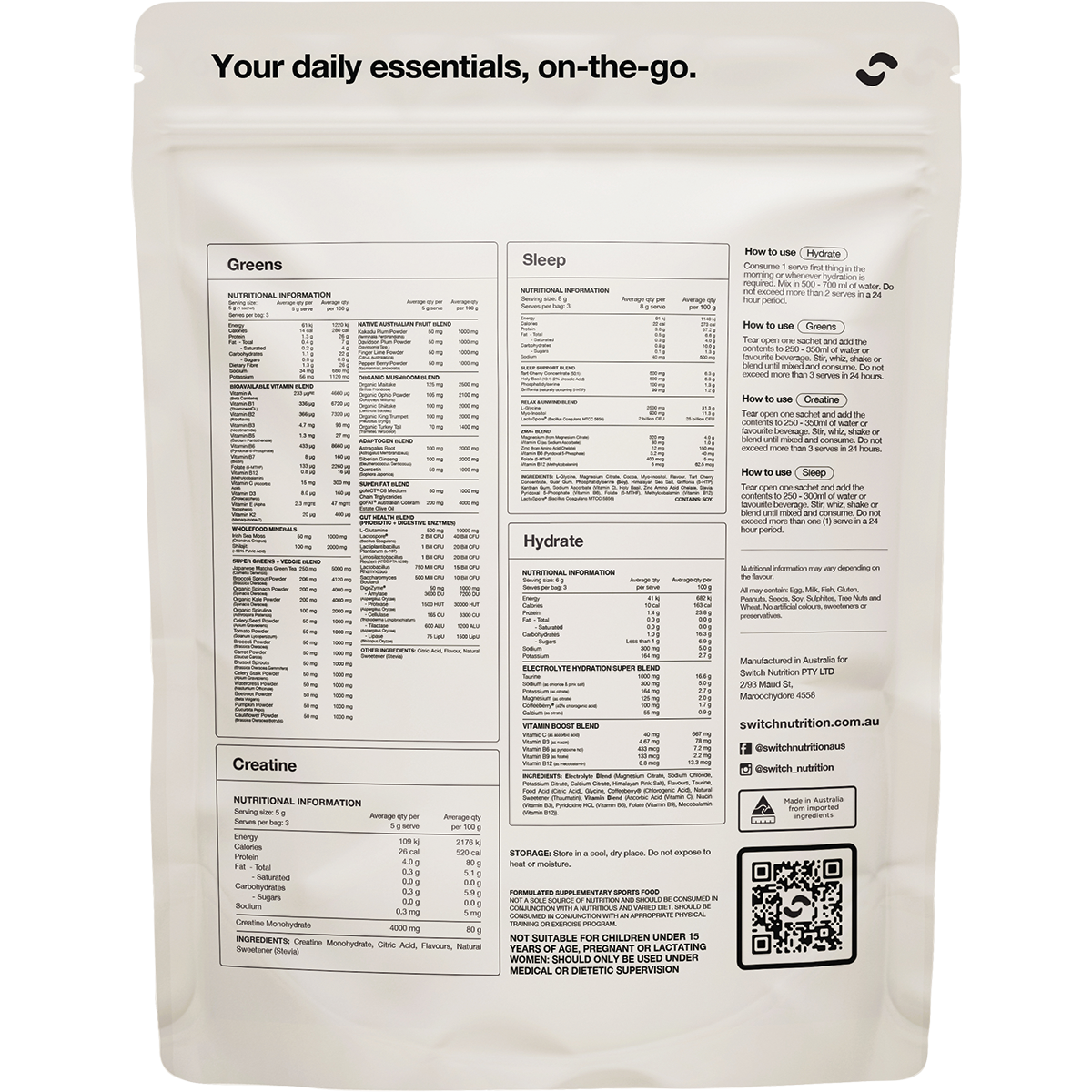 Back of Switch Nutrition Daily Essentials 12-pack pouch showing supplement facts and ingredient list.