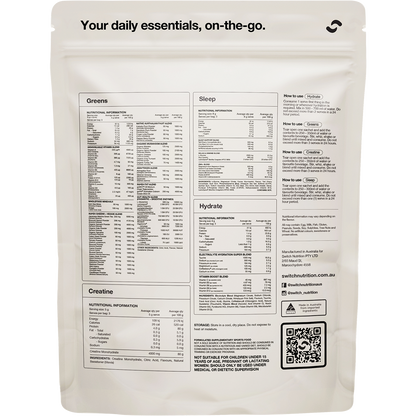 Back of Switch Nutrition Daily Essentials 12-pack pouch showing supplement facts and ingredient list.