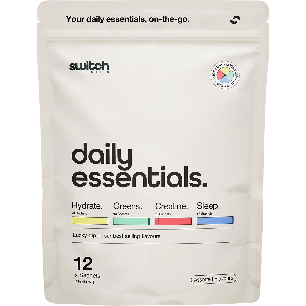 Switch Nutrition Daily Essentials 12-pack pouch featuring assorted sachets of Hydrate, Greens, Creatine, and Sleep.