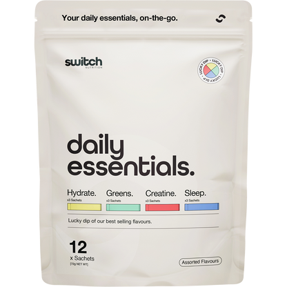 Switch Nutrition Daily Essentials 12-pack pouch featuring assorted sachets of Hydrate, Greens, Creatine, and Sleep.