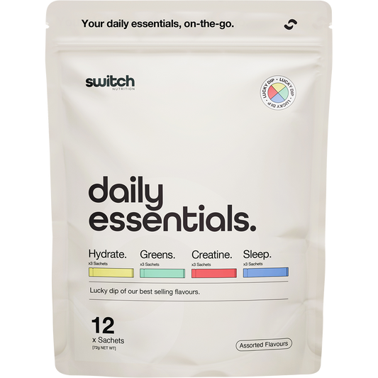 Switch Nutrition Daily Essentials 12-pack pouch featuring assorted sachets of Hydrate, Greens, Creatine, and Sleep.