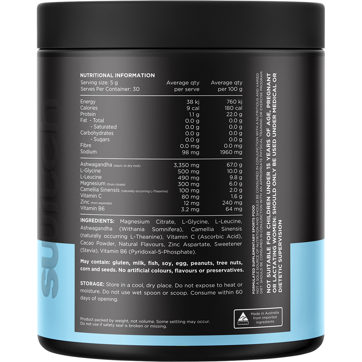 Back of a 150g tub of Switch Nutrition Adrenal Magnesium Support Powder Chocolate showing nutritional info and ingredients.