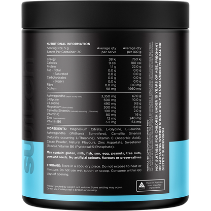 Back of a 150g tub of Switch Nutrition Adrenal Magnesium Support Powder Chocolate showing nutritional info and ingredients.