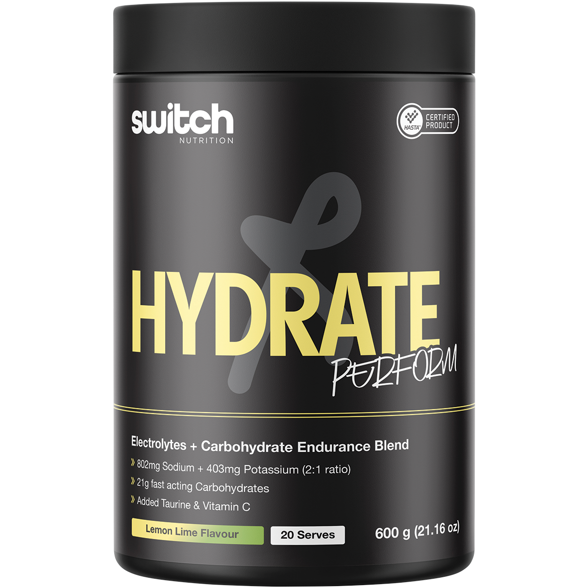 600g tub of Switch Nutrition Hydrate+ Lemon Lime electrolytes and carbohydrates with a bright yellow and green label.