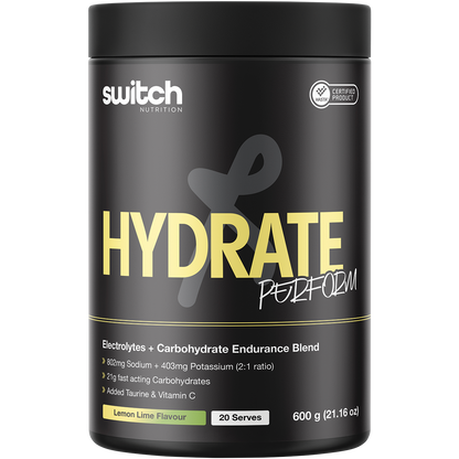 600g tub of Switch Nutrition Hydrate+ Lemon Lime electrolytes and carbohydrates with a bright yellow and green label.