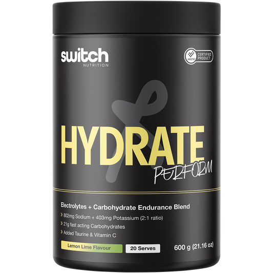 600g tub of Switch Nutrition Hydrate+ Lemon Lime electrolytes and carbohydrates with a bright yellow and green label.