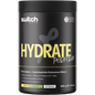 600g tub of Switch Nutrition Hydrate+ Lemon Lime electrolytes and carbohydrates with a bright yellow and green label.