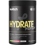 600g tub of Switch Nutrition Hydrate+ Kiwi Watermelon, an electrolyte and carbohydrate supplement for peak performance.