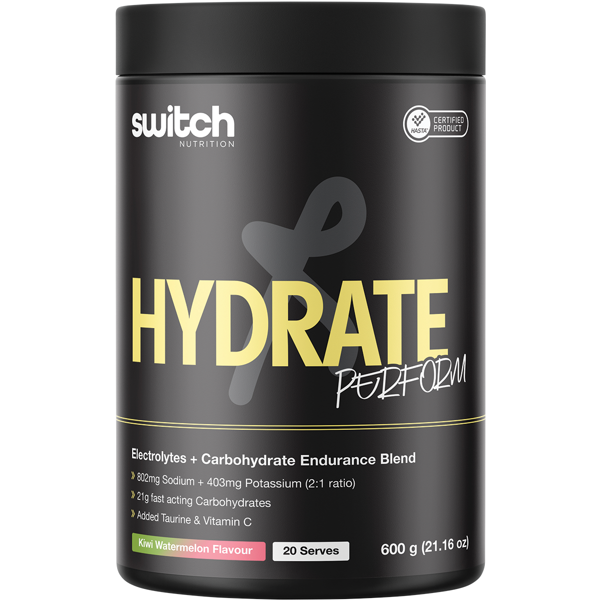 600g tub of Switch Nutrition Hydrate+ Kiwi Watermelon, an electrolyte and carbohydrate supplement for peak performance.