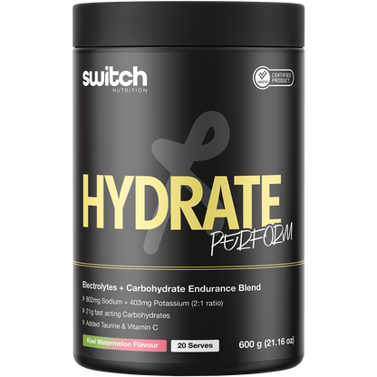 600g tub of Switch Nutrition Hydrate+ Kiwi Watermelon, an electrolyte and carbohydrate supplement for peak performance.