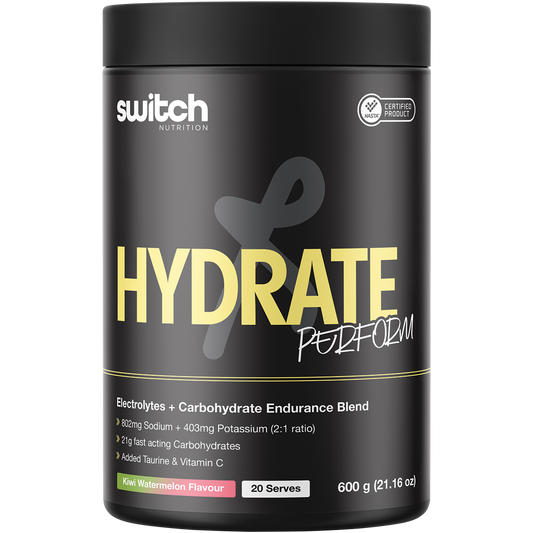 600g tub of Switch Nutrition Hydrate+ Kiwi Watermelon, an electrolyte and carbohydrate supplement for peak performance.
