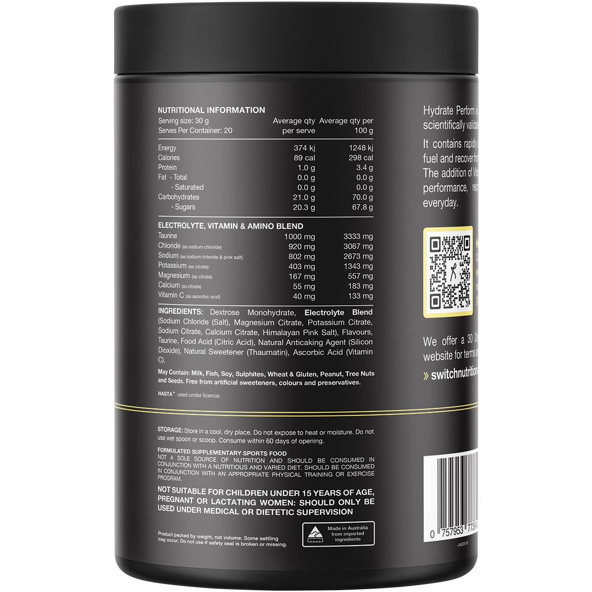 Back of Switch Nutrition Hydrate+ Kiwi Watermelon 600g tub showing nutritional information and ingredients.