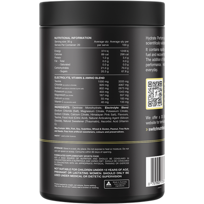 Back of Switch Nutrition Hydrate+ Kiwi Watermelon 600g tub showing nutritional information and ingredients.