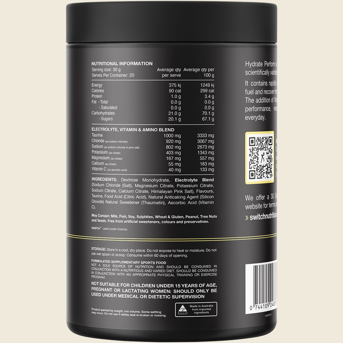 Rear view of a 600g tub of Switch Nutrition Hydrate Perform Raspberry Lemonade showing nutritional facts and ingredients.