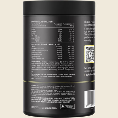 Rear view of a 600g tub of Switch Nutrition Hydrate Perform Raspberry Lemonade showing nutritional facts and ingredients.
