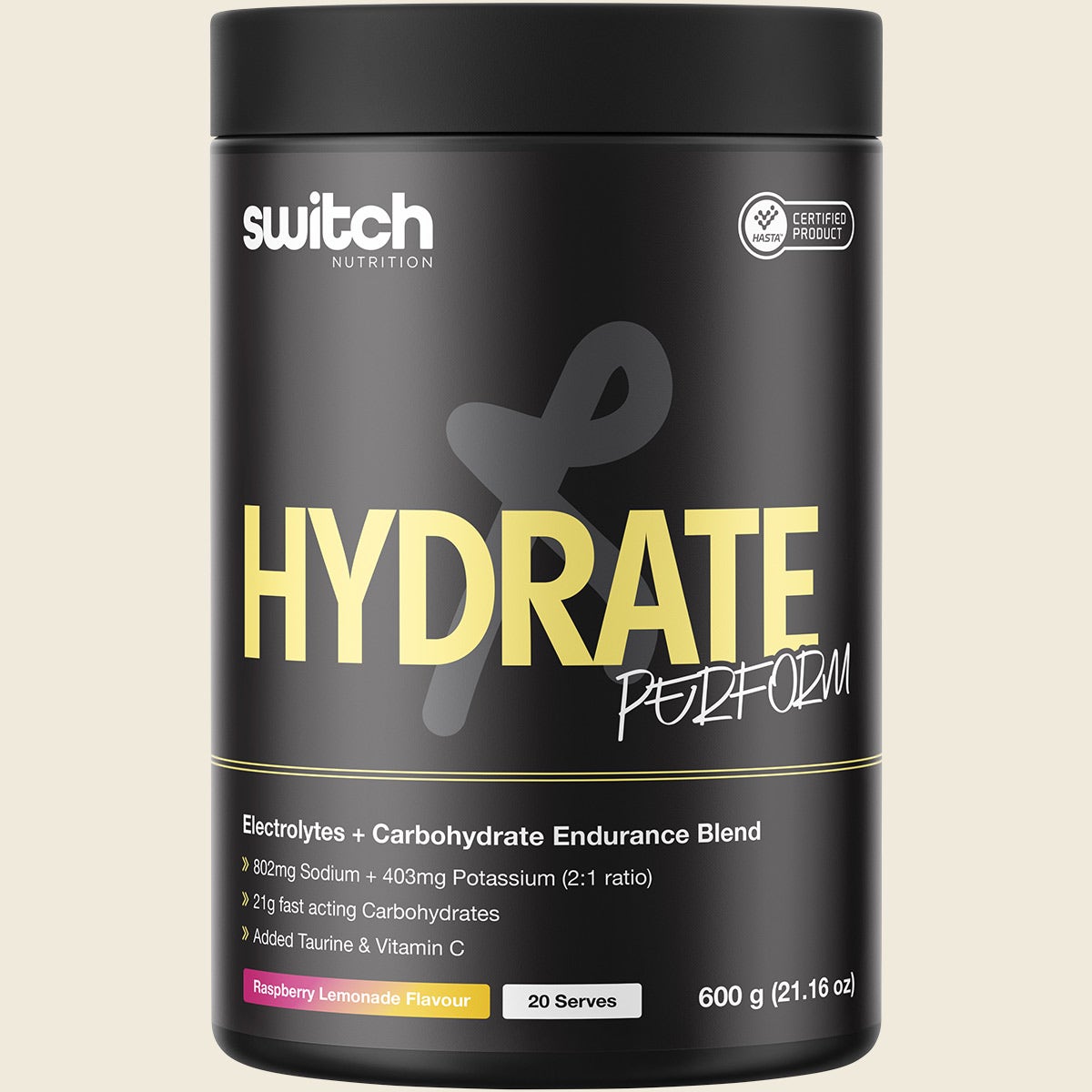 600g tub of Switch Nutrition Hydrate Perform Raspberry Lemonade electrolytes and carbs powder on a white background.