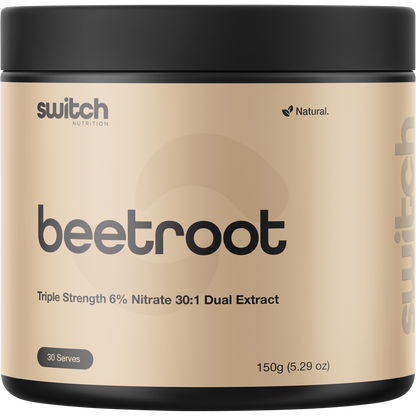 150g tub of Switch Nutrition Beetroot Triple Strength powder with 6% nitrate on a white background.